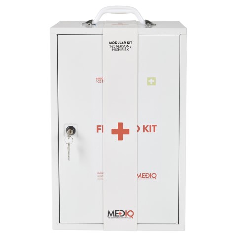 MEDIQ INCIDENT READY FIRST AID KIT METAL WALL CAB 1-25 PERSONS H/RISK